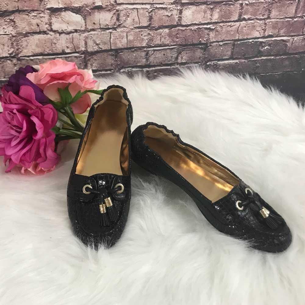 IMAN Black Snake Skin Flats with Tassels